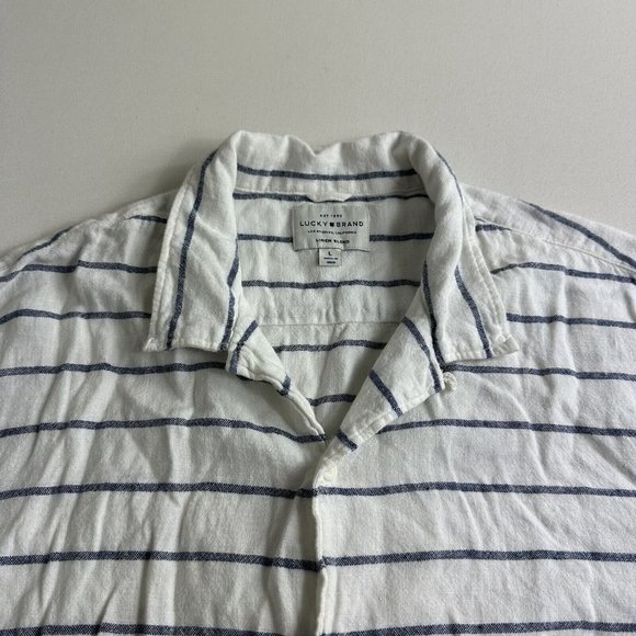 Lucky Brand Camp Shirt Men Large Blue Striped Linen Blend Short Sleeve Button Up - Picture 5 of 9